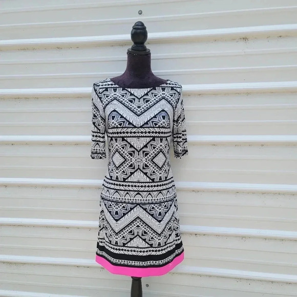 Eliza J Dress Geometric Abstract Black White Shift Pink Stripe Stretch Elbow 6 - Picture 1 of 11